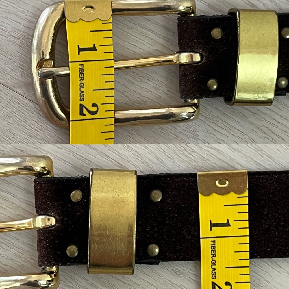 90s/Y2K Chocolate Brown Suede Belt Large Polished Gold-Tone Buckle Fits Size M/L - Picture 6 of 11
